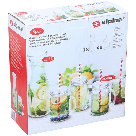Alpina - set of glass beverage jars with straws 4 pcs. with a 1 L carafe