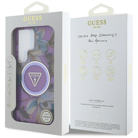 Guess Glitter Flowers Triangle Buttons MagSafe - Pouzdro pro Samsung Galaxy S25 Ultra (fialové)