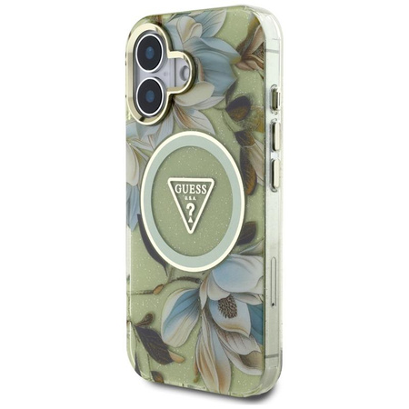 Guess Glitter Flowers Triangle Buttons MagSafe - Pouzdro pro iPhone 16 (zelený)