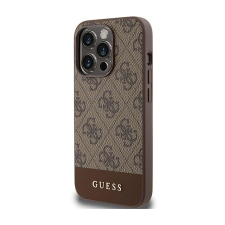 Guess 4G Bottom Stripe Metal Logo Collection - Coque pour iPhone 15 Pro (marron)
