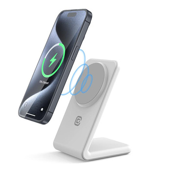 Crong MagSpot Stand - bezdrátová nabíječka 2 v 1 s MagSafe pro iPhone a AirPods (bílá)