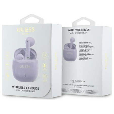 Guess Printed Classic Logo - Sluchátka Bluetooth TWS + nabíjecí pouzdro (fialové)