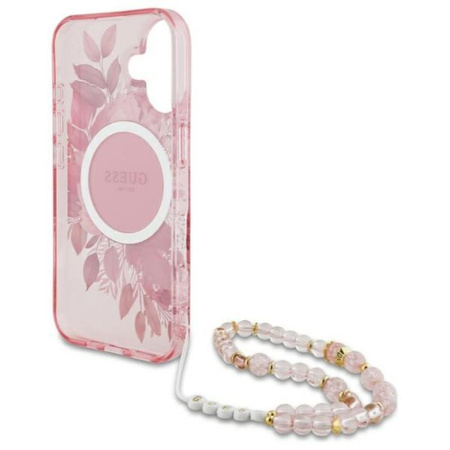 Guess IML Flowers With Pearl Strap MagSafe - Coque pour iPhone 16 Plus (rose)