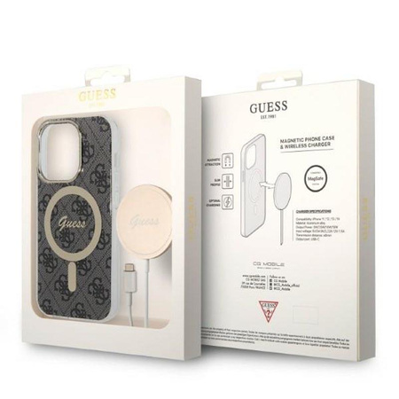 Guess Bundle Pack MagSafe 4G - Set of case for iPhone 14 Pro Max + MagSafe charger (Black/Gold)