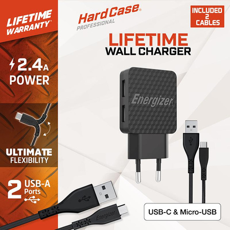 Energizer HardCase - Kompaktní síťová nabíječka 2x USB-A + USB-C a kabel Micro USB (černá) doživotní záruka
