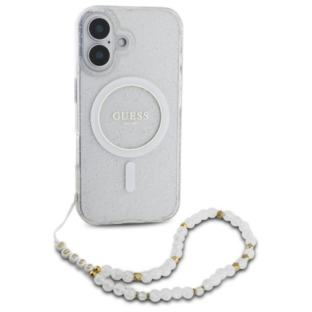 Guess IML Glitter With Pearl Strap MagSafe - pouzdro pro iPhone 16 Plus (průhledné)