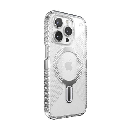 Speck Presidio Perfect-Clear Grip ClickLock e MagSafe - Custodia per iPhone 15 Pro (Trasparente / Finitura cromata / Argento Sereno)