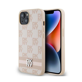 DKNY bőr kockás egyszínű mintás és nyomtatott csíkos - iPhone 14 / 15 / 13 tok (rózsaszín)