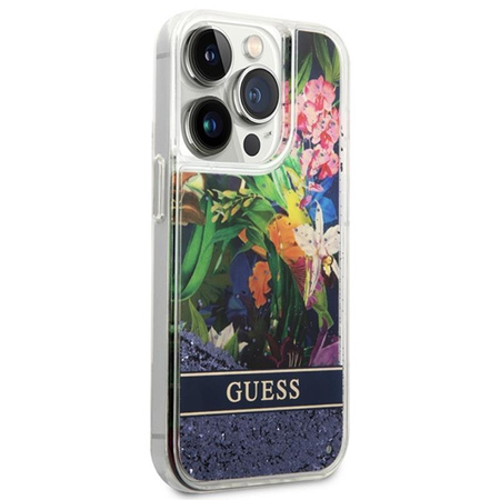 Guess Liquid Glitter Flower - Hülle für iPhone 14 Pro Max (Blau)