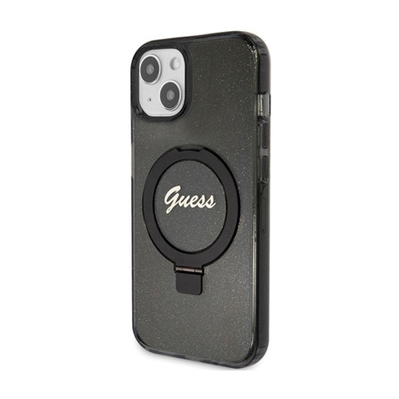 Guess Ring Stand Script Glitter MagSafe - iPhone 15 Plus tok (fekete)