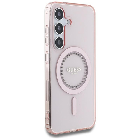 Guess Strasssteinchen gedrucktes klassisches Logo MagSafe - Hülle für Samsung Galaxy S25 (rosa)
