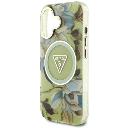 Guess Glitter Flowers Triangle Buttons MagSafe - pouzdro pro iPhone 16 zelené