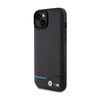 BMW Leather Carbon Blue Line - Tasche für das iPhone 15 Plus (schwarz)