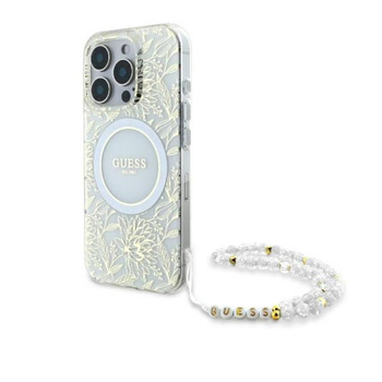 Guess IML Flowers Allover Electro avec Strap Pearl MagSafe - Coque iPhone 16 Pro Max (blanc)