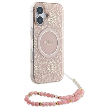 Guess IML Flowers Allover Electro With Pearl Strap MagSafe - Case for iPhone 16 Plus (Pink)
