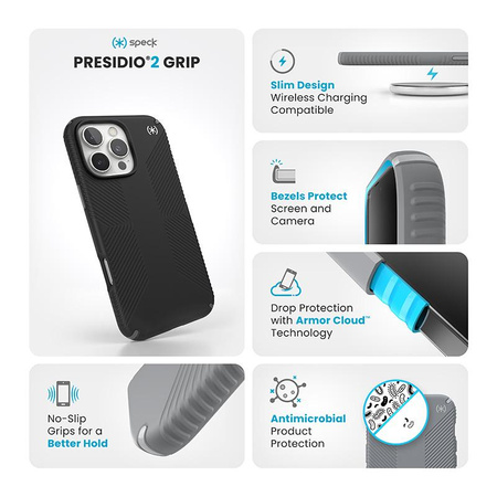 Pouzdro Speck Presidio2 Grip - iPhone 16 Pro Max (černé / břidlicově šedé / bílé)