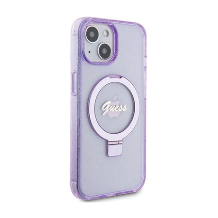 Guess Ring Stand Script Glitter MagSafe - iPhone 15 Plus tok (lila)