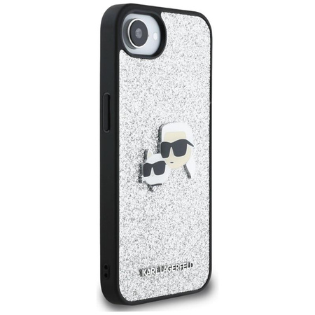 Karl Lagerfeld Fixed Glitter Karl & Choupette Heads Metal Pin - pouzdro pro iPhone 16e (stříbrné)