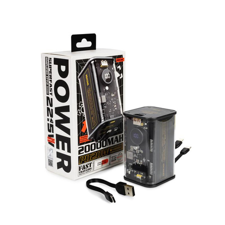 WEKOME WP-347 Vanguard Series - Power banka 20000 mAh se super rychlým nabíjením s integrovaným kabelem USB-C PD 20W a Lightning + USB-A QC3.0 22,5W (černá)