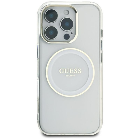 Guess IML Metallfarbener Kreis Klassisches Logo MagSafe - Gehäuse für iPhone 16 Pro Max (weiß)