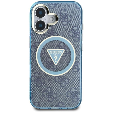 Guess IML Metal Glitter 4G Circle Triangle MagSafe - Pouzdro pro iPhone 16 (modrá)