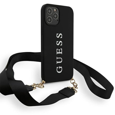 Guess HC Silikon gedrucktes Logo + Armband - Hülle mit abnehmbarem Schlüsselband iPhone 12 Pro Max (schwarz)
