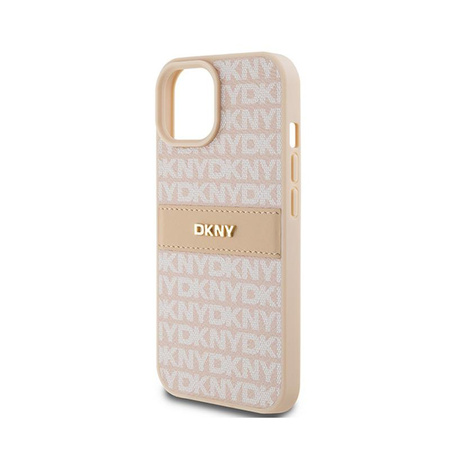 DKNY Bőr mono csíkos és fém logóval - iPhone 15 / 14 / 13 tok (rózsaszín)