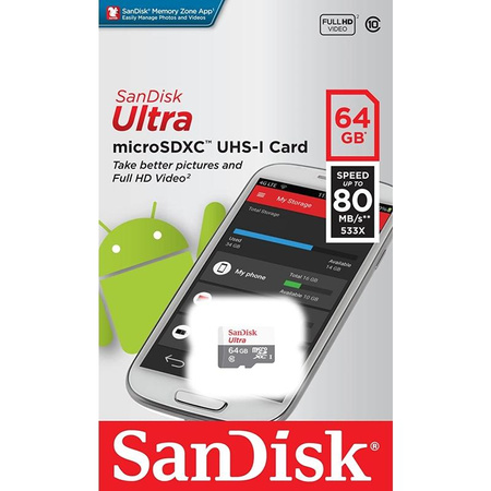 SanDisk Ultra microSDXC - Karta pamięci 64 GB Class 10 UHS-I 100MB/s z adapterem