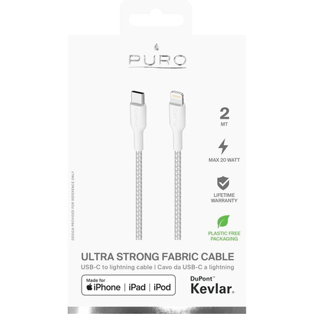 PURO Fabric Ultra Strong - odolný opletený kabel USB-C / Lightning MFi 2 m (bílý)