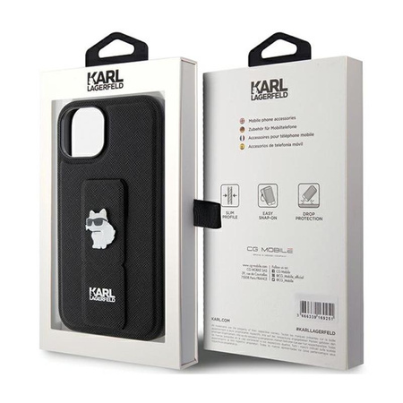 Karl Lagerfeld Gripstand Saffiano Choupette Pins - pouzdro pro iPhone 15 (černé)