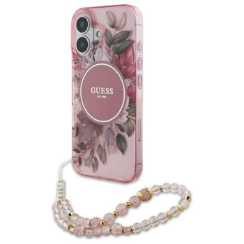 Guess IML Flowers With Pearl Strap MagSafe - pouzdro pro iPhone 16 Plus (růžové)