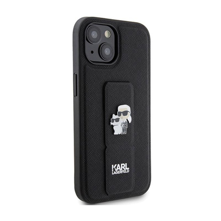 Karl Lagerfeld Gripstand Saffiano Karl & Choupette Pins - iPhone 15 Tasche (Schwarz)