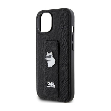 Karl Lagerfeld Gripstand Saffiano Choupette Pins - iPhone 15 Plus Tasche (Schwarz)
