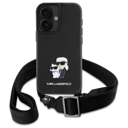 Karl Lagerfeld Saffiano Karl & Choupette Metal Pin CBDY Strap - Pouzdro iPhone 16 (černé)