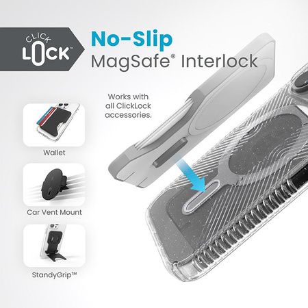 Speck Presidio Lux Grip ClickLock & Magsafe - Coque pour iPhone 15 Pro (Transparent / Finition chromée / Argent Serein)