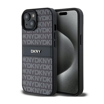 DKNY Leather Mono Stripe & Metal Logo - Coque pour iPhone 15 Plus / 14 Plus (noir)