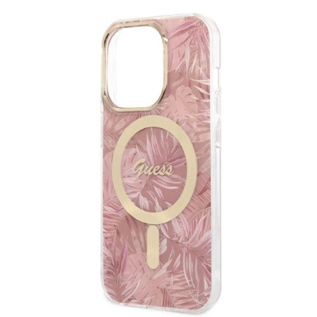 Guess Bundle Pack MagSafe IML Jungle - MagSafe iPhone 14 Pro Case + Charger Set (pink/gold)