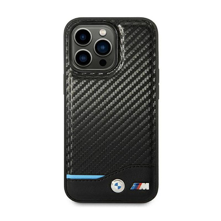 BMW Leather Carbon Blue Line - Coque pour iPhone 14 Pro Max (Noir)