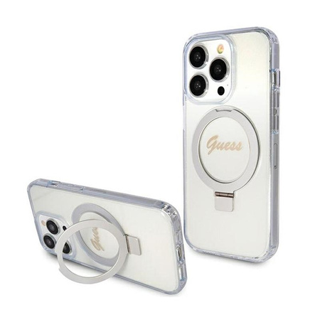 Guess Ring Stand Script Glitter MagSafe - Coque iPhone 15 Pro Max (Transparent)