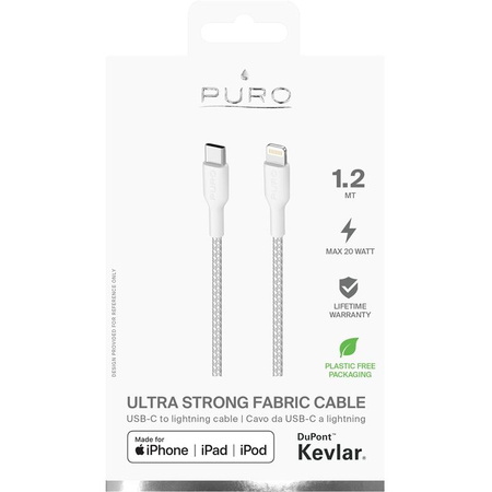 PURO Fabric Ultra Strong - Strapazierfähiges geflochtenes USB-C / Lightning MFi Kabel 1.2m (weiß)