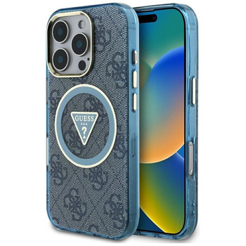 Guess IML Metal Glitter 4G Circle Triangle MagSafe - Pouzdro pro iPhone 16 Pro Max (modrá)