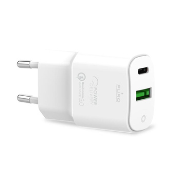 PURO Weißes Mini-Schnell-Ladegerät für unterwegs - USB-A + USB-C Power Delivery 20W Schnell-Ladegerät für unterwegs (weiß)