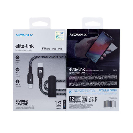 Momax Elite link - Przewód z USB-C (Power Delivery Fast Charging 3A) na Lightning MFi 1,2 m (Black)