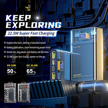 WEKOME WP-319 Vanguard Series - Power bank 10000 mAh Super Charging PD 20W + QC 22.5W (Czarny / Przezroczysty)