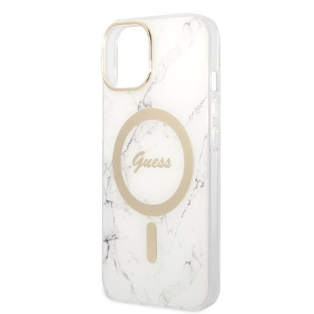 Guess Bundle Pack MagSafe IML Marble - MagSafe iPhone 14 case + charger set (white/gold)