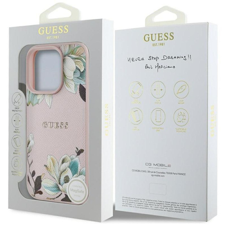 Guess MagSafe - pouzdro s potiskem květin pro iPhone 16 Pro Max (růžové)