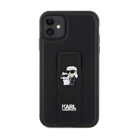Karl Lagerfeld Gripstand Saffiano Karl & Choupette Pins - iPhone 11 Hülle (Schwarz)