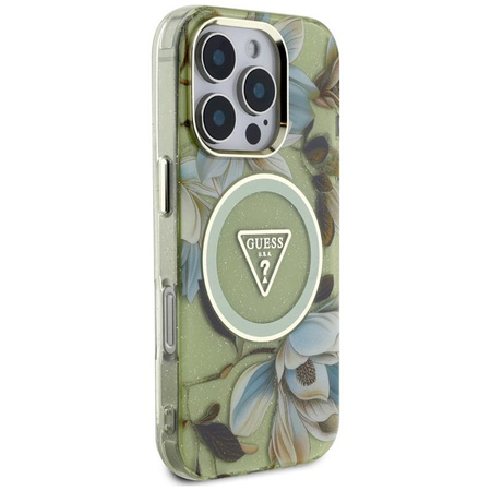 Guess Glitter Flowers Triangle Buttons MagSafe - étui pour iPhone 16 Pro (vert)