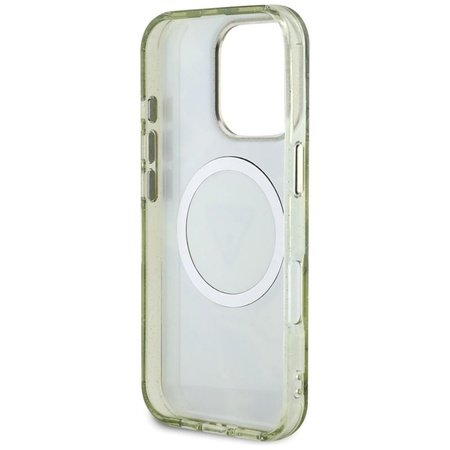 Guess Glitter Flowers Triangle Buttons MagSafe - pouzdro pro iPhone 16 Pro (zelené)
