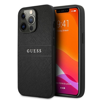 Guess Saffiano Metal Logo Stripes - Etui iPhone 13 Pro Max (czarny)